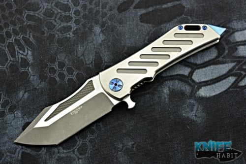 semi-custom darrel ralph ddr dominator xi knife, mokuti clip, bohler n690 blade steel, blue anodized titanium