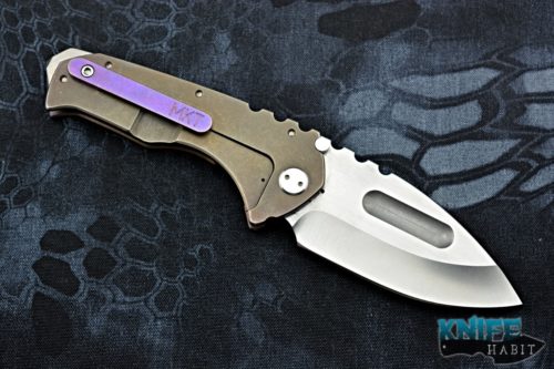 semi-custom greg medford praetorian t knife, satin d2 drop point blade, bronzed titanium handle, purple clip