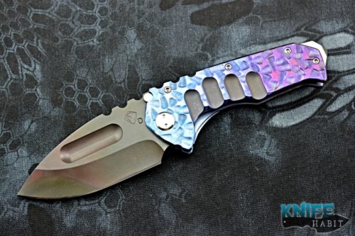 semi-custom greg medford praetorian ti knife, sculpted blue purple titanium handle, polished spine, flamed clip, vulcan d2 blade
