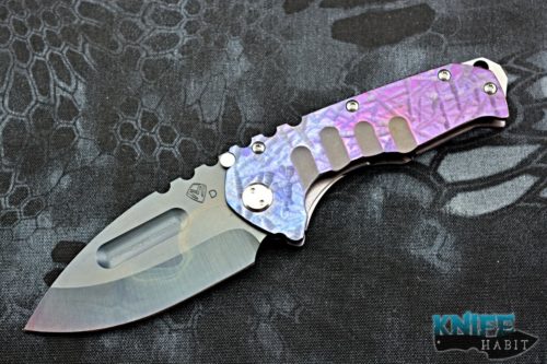 semi-custom medford praetorian knife, sculpted blue purple titanium handle, vulcan blade