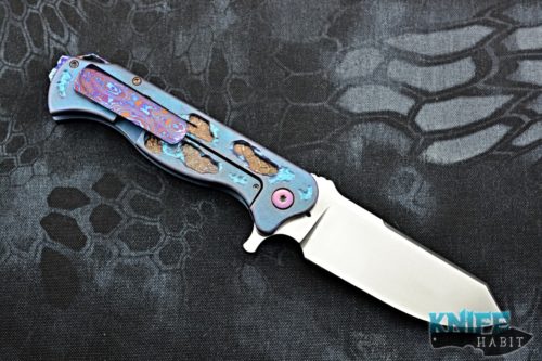 custom noble knives battle worn vindicator knife, blue bronzed titanium, cts xhp blade steel