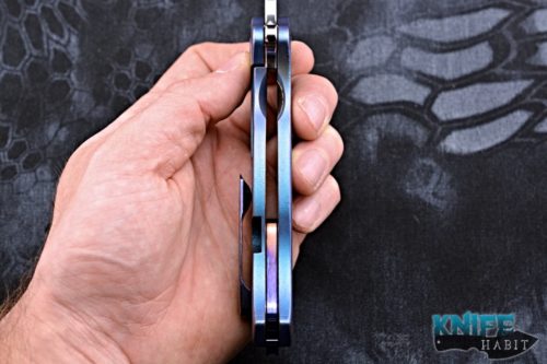 custom noble knives battle worn vindicator knife, blue bronzed titanium, cts xhp blade steel