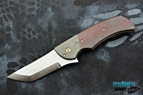 custom pohan leu negligence flipper knife, zirconium bolster, red light strike carbon fiber scale