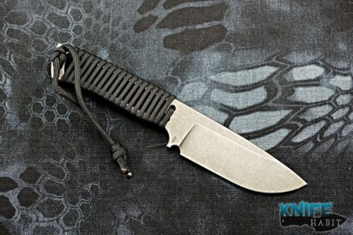 semi-custom ramon chaves camk redemption 2 knife, acid etched, carbon fiber hellbent holster, 3v blade steel, black paracord