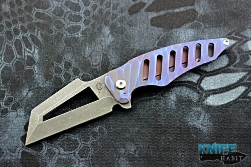 custom scorpion 6 knives mektig knife, sculpted milled blue purple titanium, cpm 154 stainless steel blade