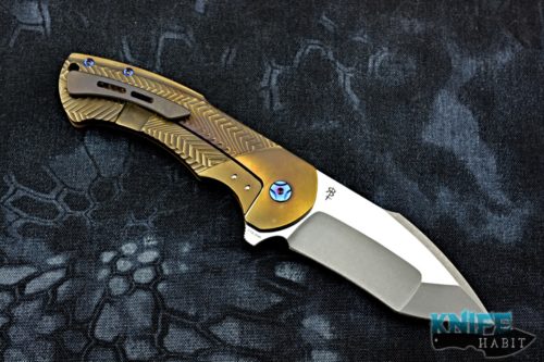 custom reate rick barrett fallout knife, bronzed titanium, mirror polished cts-204p blade steel, blue anodized harware