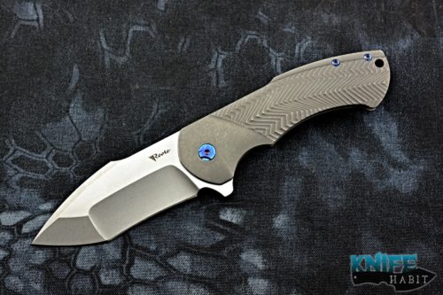 custom reate rick barrett fallout knife, stonewashed titanium, blue anodized hardware, cts-204p blade steel