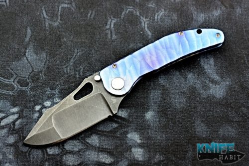custom damjan eror saurus knife, blue purple anodized, compound grind, acid washed 3v blade steel