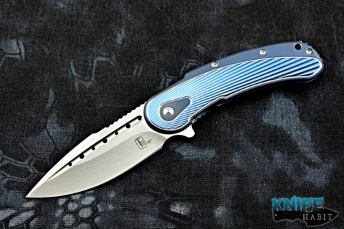todd begg knives bodega knife, steelcraft series, blue and silver, satin s35vn blade steel