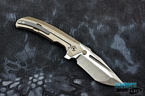 custom peter rassenti satori integral knife, prism triple grind cts-xhp blade steel, zirconium clip