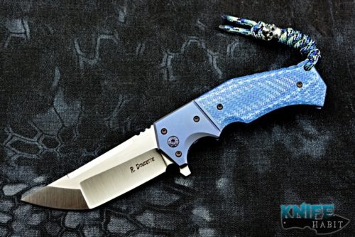 custom randy doucette shogun knife, blue twill carbon fiber handle, cpm 20cv blade steel