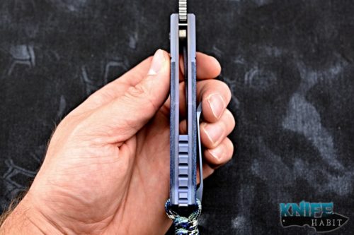 custom randy doucette shogun knife, blue twill carbon fiber handle, cpm 20cv blade steel