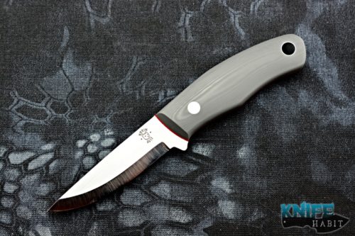 custom tom krein bushcraft technical knife, leather sheath, firestarter, a2 blade steel, grey micarta