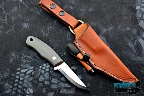 custom tom krein bushcraft technical knife, leather sheath, firestarter, a2 blade steel, grey micarta