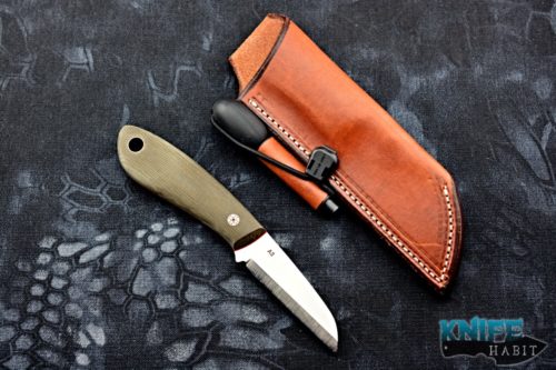 custom tom krein bushcraft utility knife, leather sheath, firestarter, a2 blade steel, green micarta