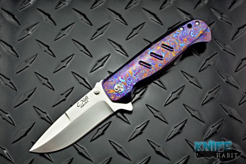 custom chad nell patton knife, dual deployment, timascus frame, satin cpm-154 blade steel, chad nell custom knife for sale