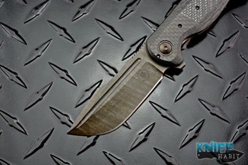 custom david mosier small kreios knife, etched blade, carbon fiber scales, bronze titanium