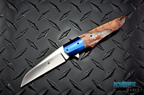custom jason clark hybrid wharnciffe knife, mammoth ivory scale, blue anodized titanium, cts-xhp blade steel, mill timascus clip