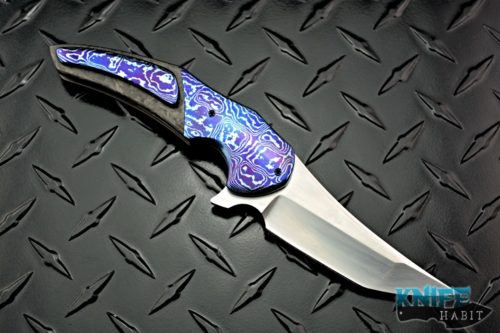 custom jeff vandermeulen instigator knife, mokuti bolsters, marbled carbon fiber scales, satin RWL-34 blade steel