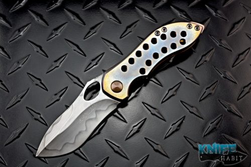 custom neil blackwood mini skirmish knife, titanium speed holes, hamon blade