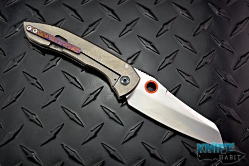 custom peter rassenti sheepsfoot integral knife, bronzed titanium, timascus clip, orange g10 thumbhole