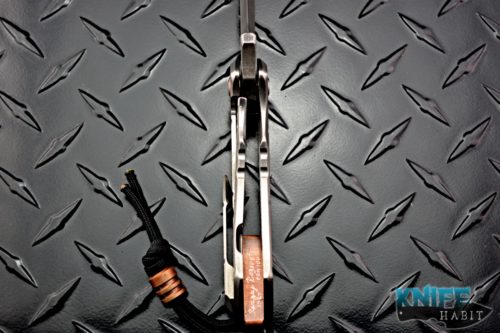 custom sergey rogovets extreme addiction rhino knife, cpm-10v blade steel, copper bead, spyderco hole