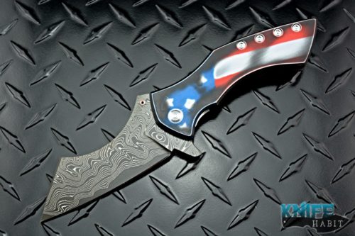 custom sergey rogovets extreme addiction xr3 patriot knife, american flag titanium, chad nichols san mai damascus blade