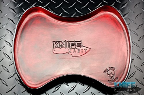 custom bad love leather knife tray, travis poole, red