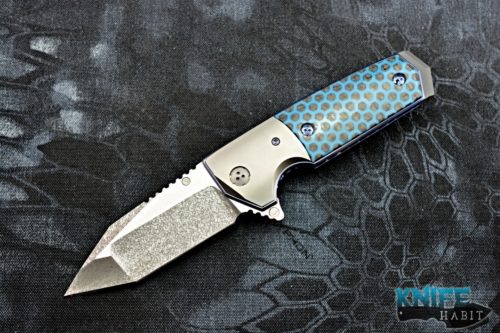 custom allen elishewitz tank knife, blue pattern carbon fiber scales, titanium frame