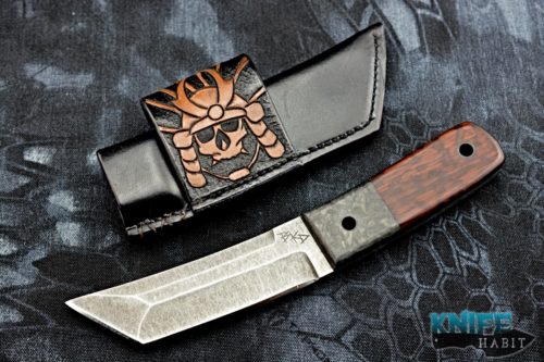 custom borras kustom designs foodog knife, s35vn blade steel, marbled carbon fiber snakewood handle