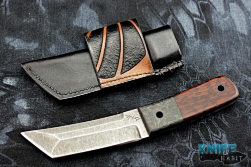 custom borras kustom designs foodog knife, s35vn blade steel, marbled carbon fiber snakewood handle