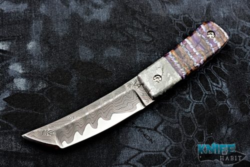 custom borras kustom designs foodog knife, full dress mammoth ivory and meteorite, chad nichols xhp boomerang damascus blade steel