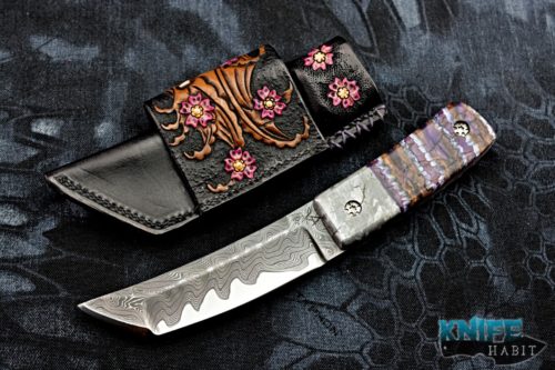 custom borras kustom designs foodog knife, full dress mammoth ivory and meteorite, chad nichols xhp boomerang damascus blade steel