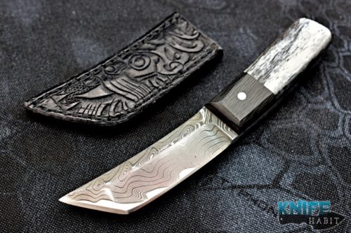 custom borras kustom designs 1st mini foodog knife, xhp core boomerang damascus blade, blackwood carbon fiber bolsters, camel bone scales, leather sheath