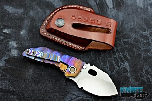 custom dalibor mini draco knife, timascus clip, 3v blade steel, leather sheath