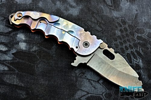 custom heeter m-o-w man-o-war knife, copper handle, flamed 3v blade steel
