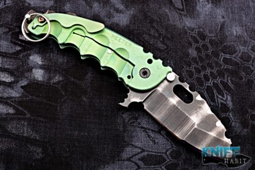 custom todd heeter m-o-w man-o-war knife, lime green titanium, acid washed 3v blade steel