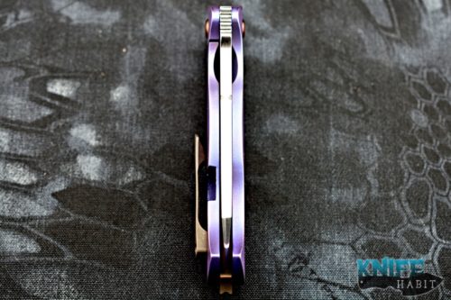 custom lew marshall noble knives vindicator flipper knife, marbled carbon fiber underlay, blurple anodized titanium handle, cts-xhp blade steel