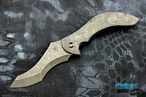 custom noble knives wraith flipper knife, marbled carbon fiber handle, amoeba white timascus clip, cts-xhp chisel grind recurve blade