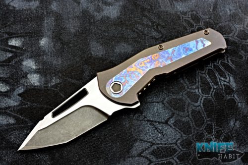 custom mikkel willumsen sugga knife, timascus inlays, bronzed titanium frame