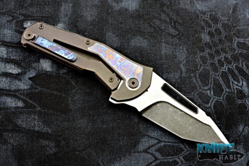 custom mikkel willumsen sugga knife, timascus inlays, bronzed titanium frame