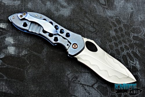 custom neil blackwood mini skirmish knife, hamon blade, blue titanium handle