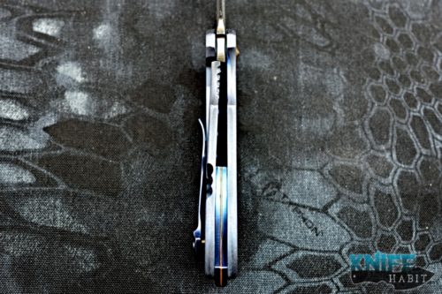 custom neil blackwood mini skirmish knife, hamon blade, blue titanium handle