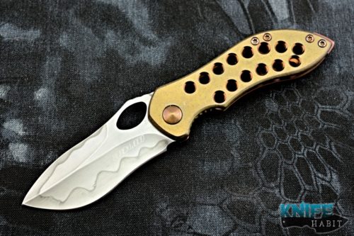 custom neil blackwood mini skirmish knife, hamon blade, gold bronze titanium handle