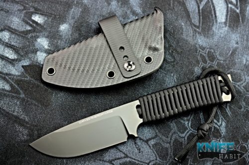 semi-custom ramon chaves CAMK redemption knife, fixed blade, black dlc, hell-bent holsters carbon fiber sheath