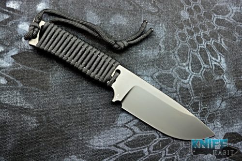 semi-custom ramon chaves CAMK redemption knife, fixed blade, black dlc, hell-bent holsters carbon fiber sheath
