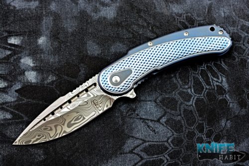 semi-custom todd begg bodega knife, blue titanium diamond pattern, damasteel blade