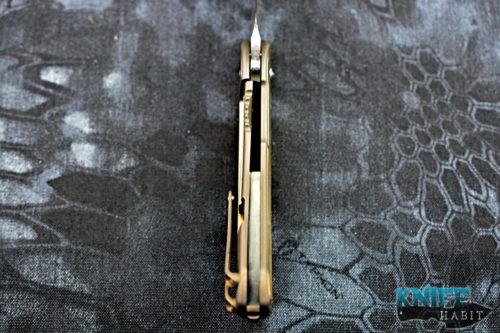 semi-custom todd begg bodega knife, gold bronze titanium handle, damasteel blade