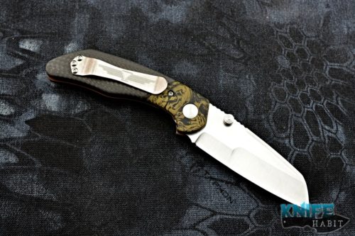 custom jesse jarosz model 75 knife, sheepsfoot aeb-l blade steel, gold m3, carbon fiber