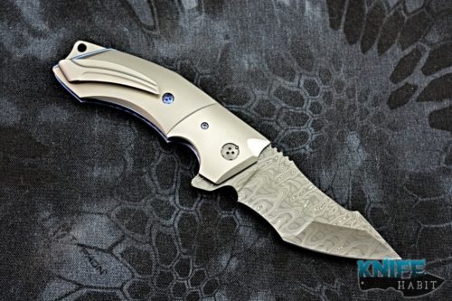 custom allen elishewitz jvo design 2 knife, damascus blade, titanium handle